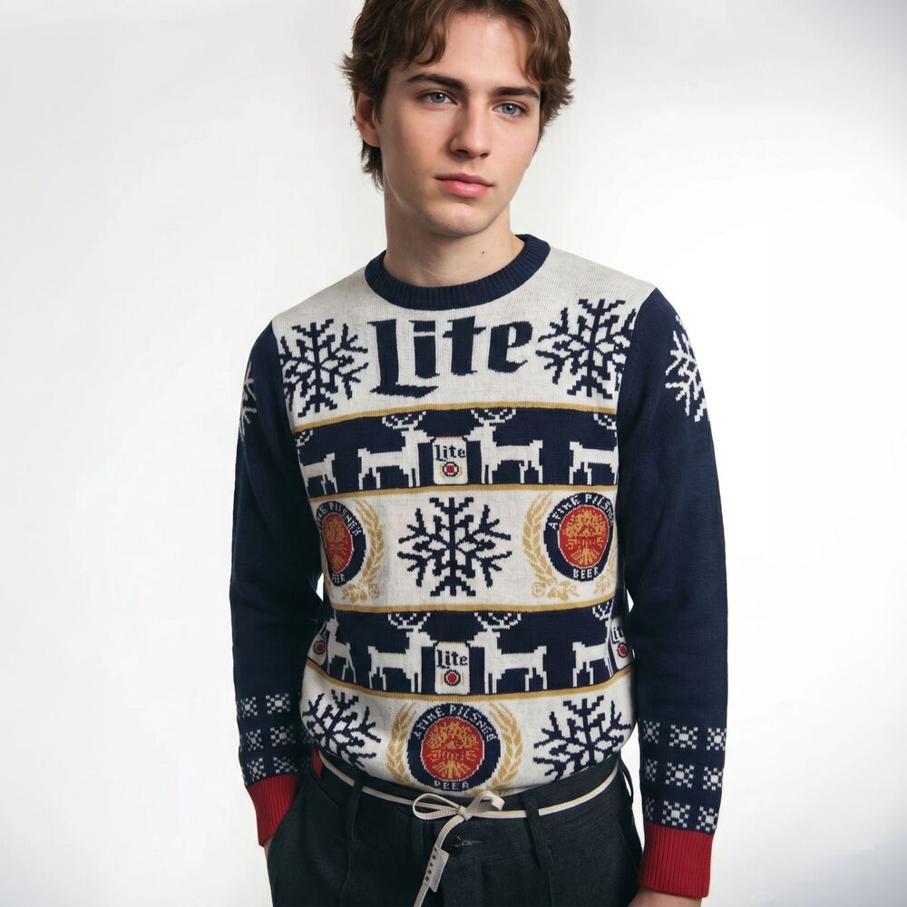 Miller Light Beer Sweater Pullover Mens Small Ugly Christmas Snowflakes Acrylic
